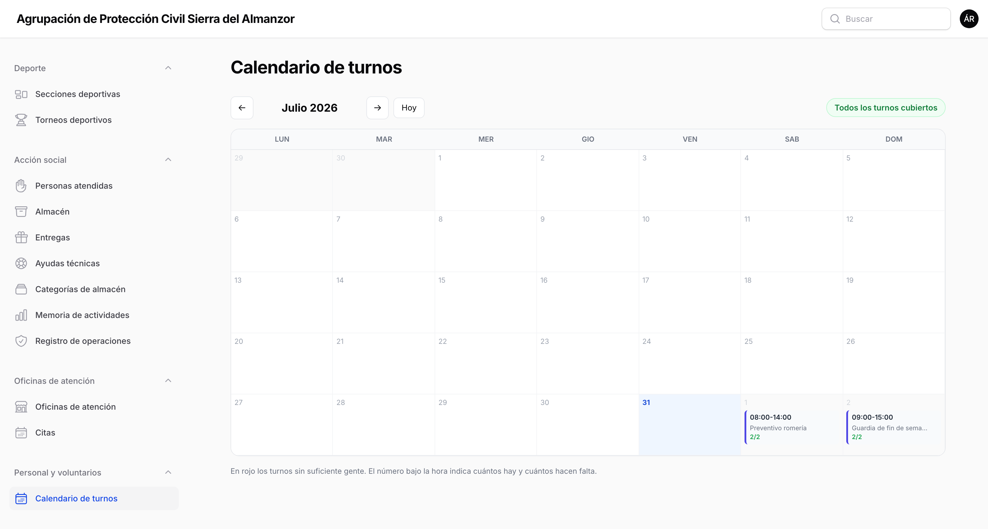El calendario de turnos